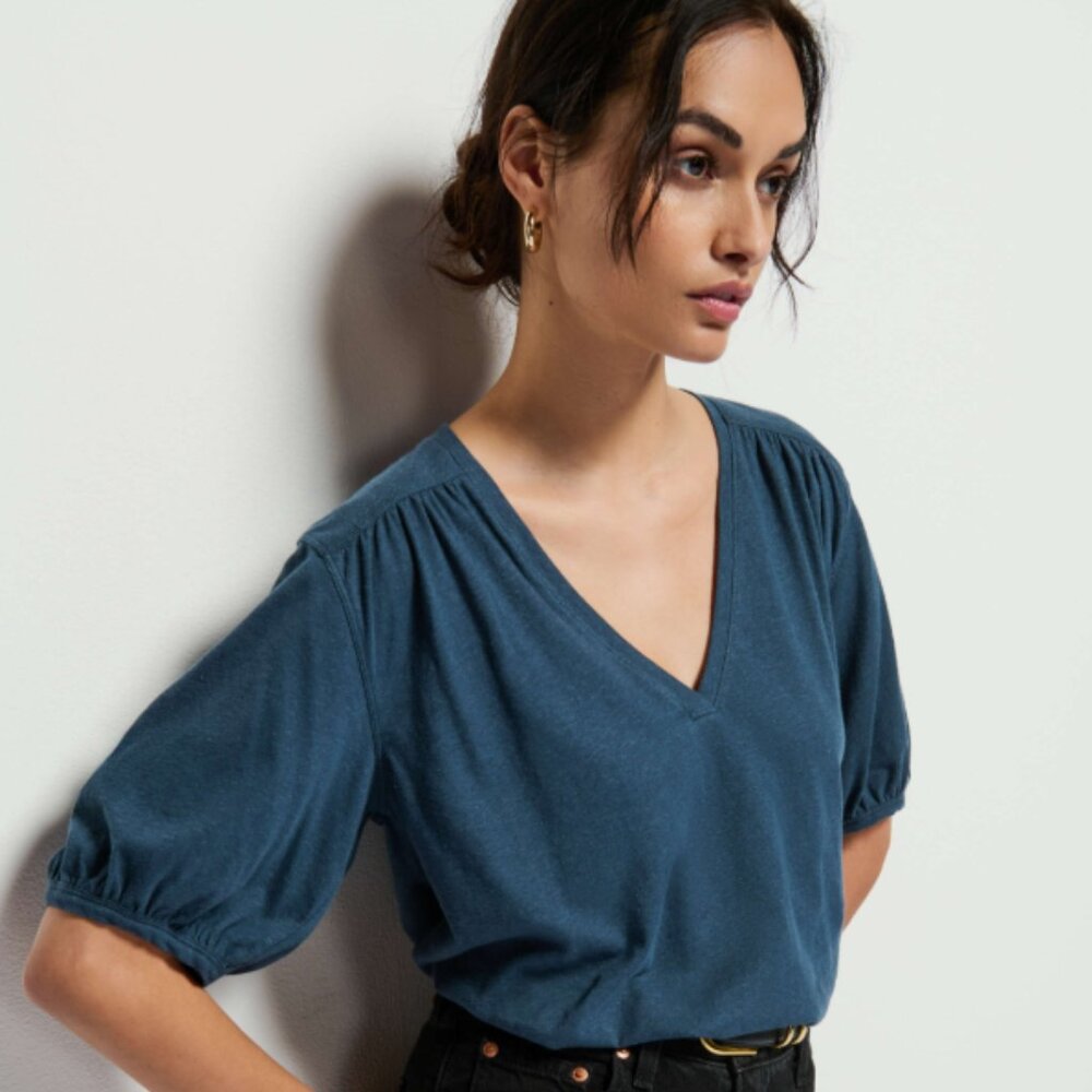 Nation LTD Edie Top Pima Cotton Hemp Bohemian Relaxed V-Neck Shirt Midnight Blue